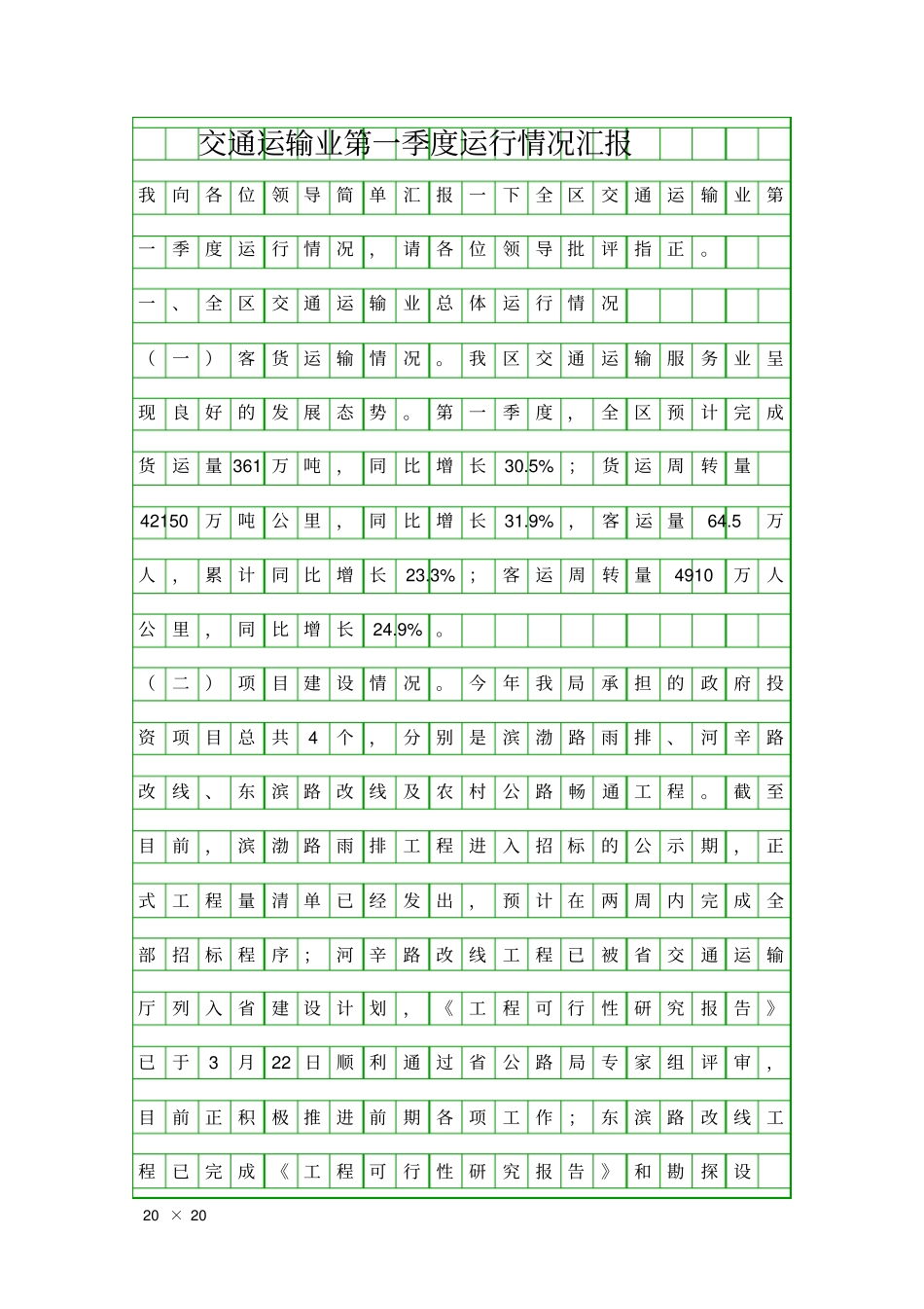交通运输业第一季度运行情况汇报精品工作报告_第1页