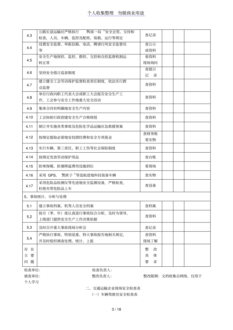 交通运输企业安全管理及现场检查表_第3页