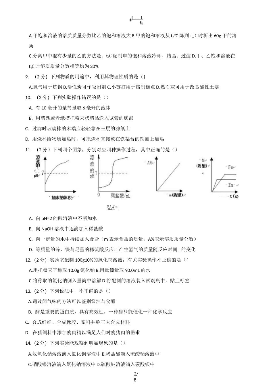 人教版九年级下册化学  全册综合练习题(无答案)_第2页