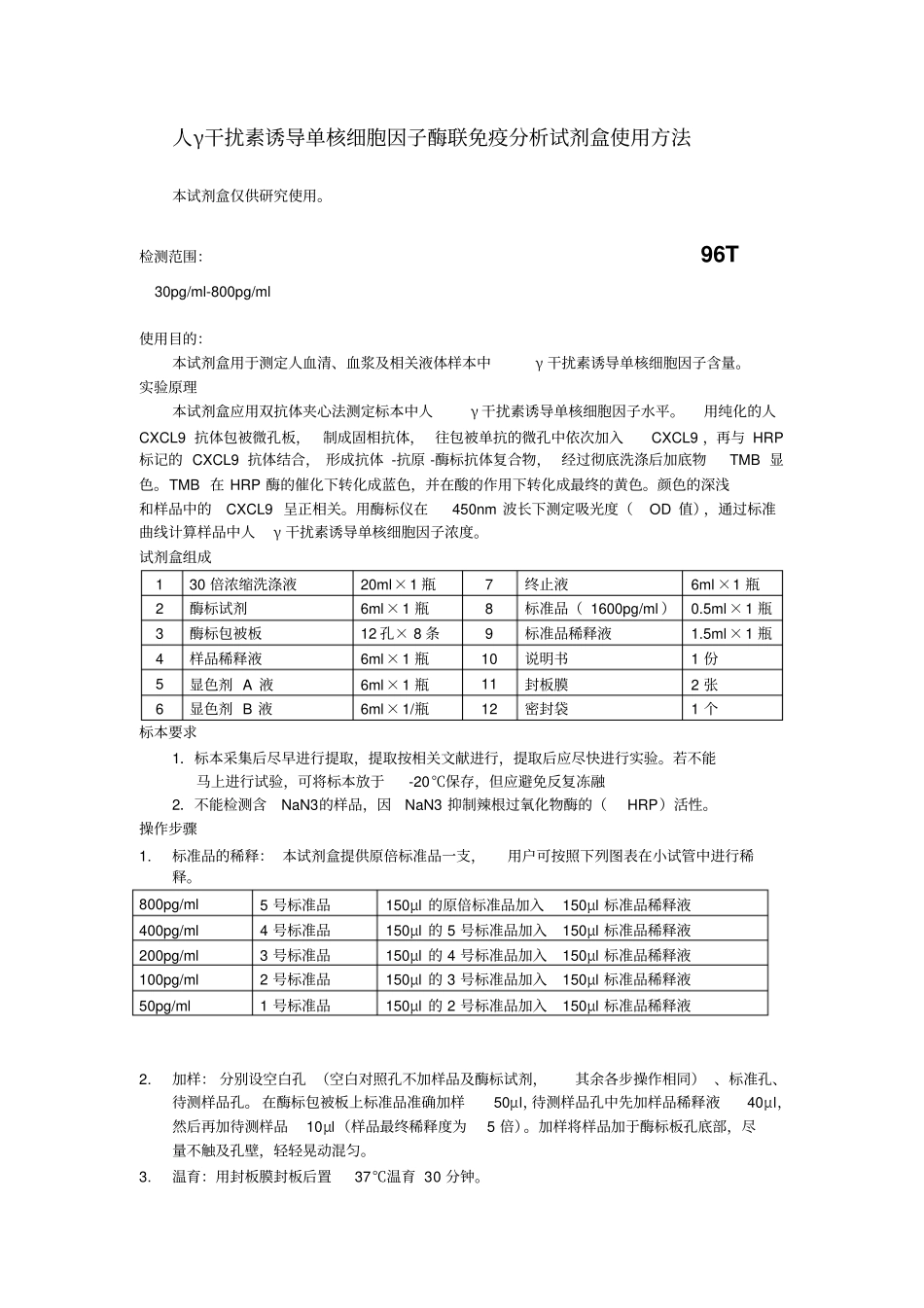 人γ干扰素诱导单核细胞因子酶联免疫分析试剂盒使用方法概论_第1页