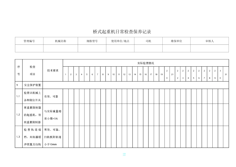 桥式起重机日常检查保养记录表_第1页