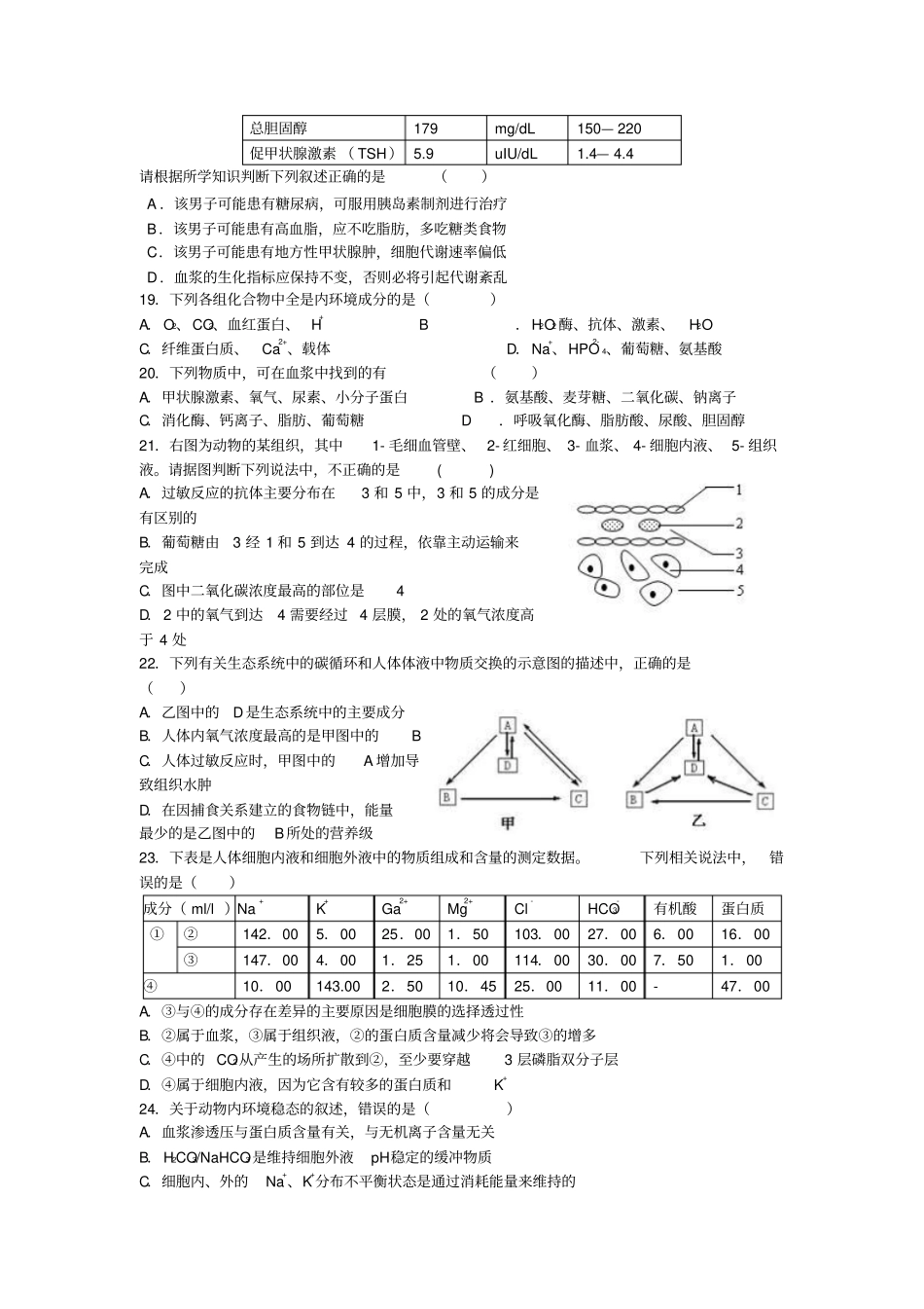 人体的内环境及稳态辅导用精选习题选择题_第3页