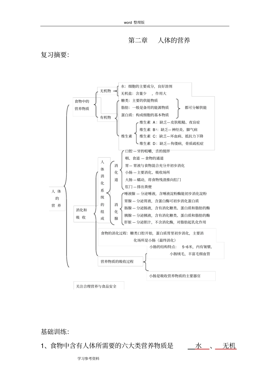 人体的营养练习及答案_第1页