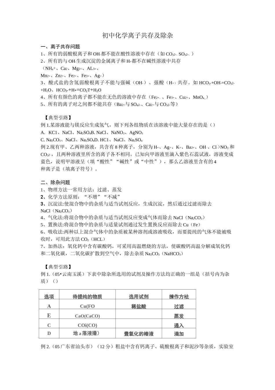 初中化学离子共存及除杂讲解及练习(好)_第1页