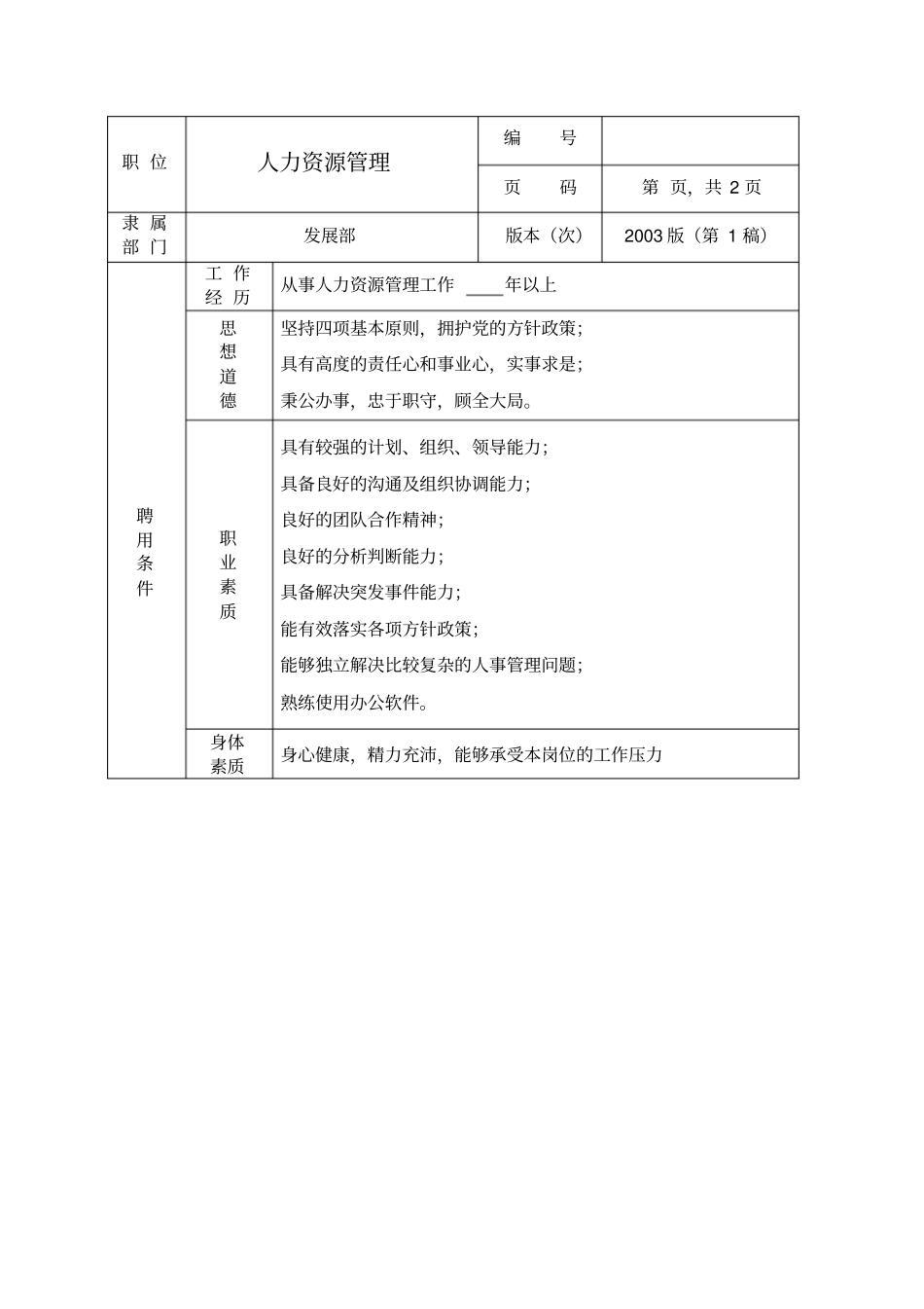 人力资源管理职位说明书_第2页