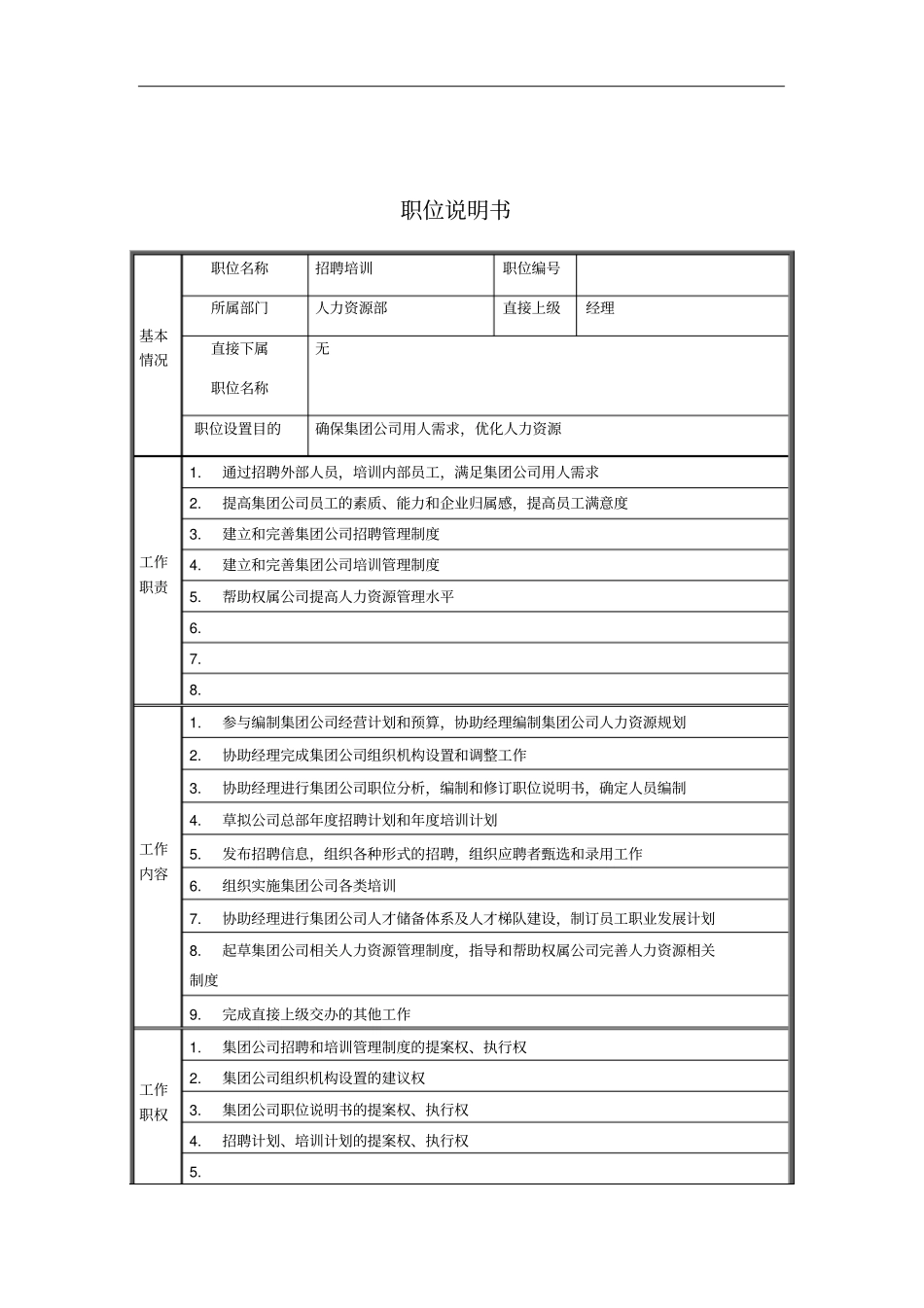 人力资源部-招聘培训职位说明书_第1页