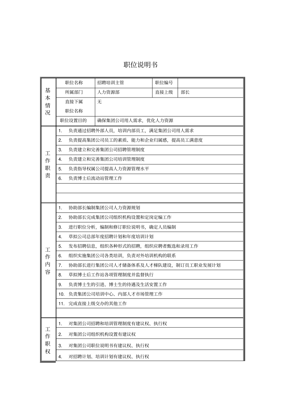 人力资源部_招聘培训主管_岗位说明书_第1页