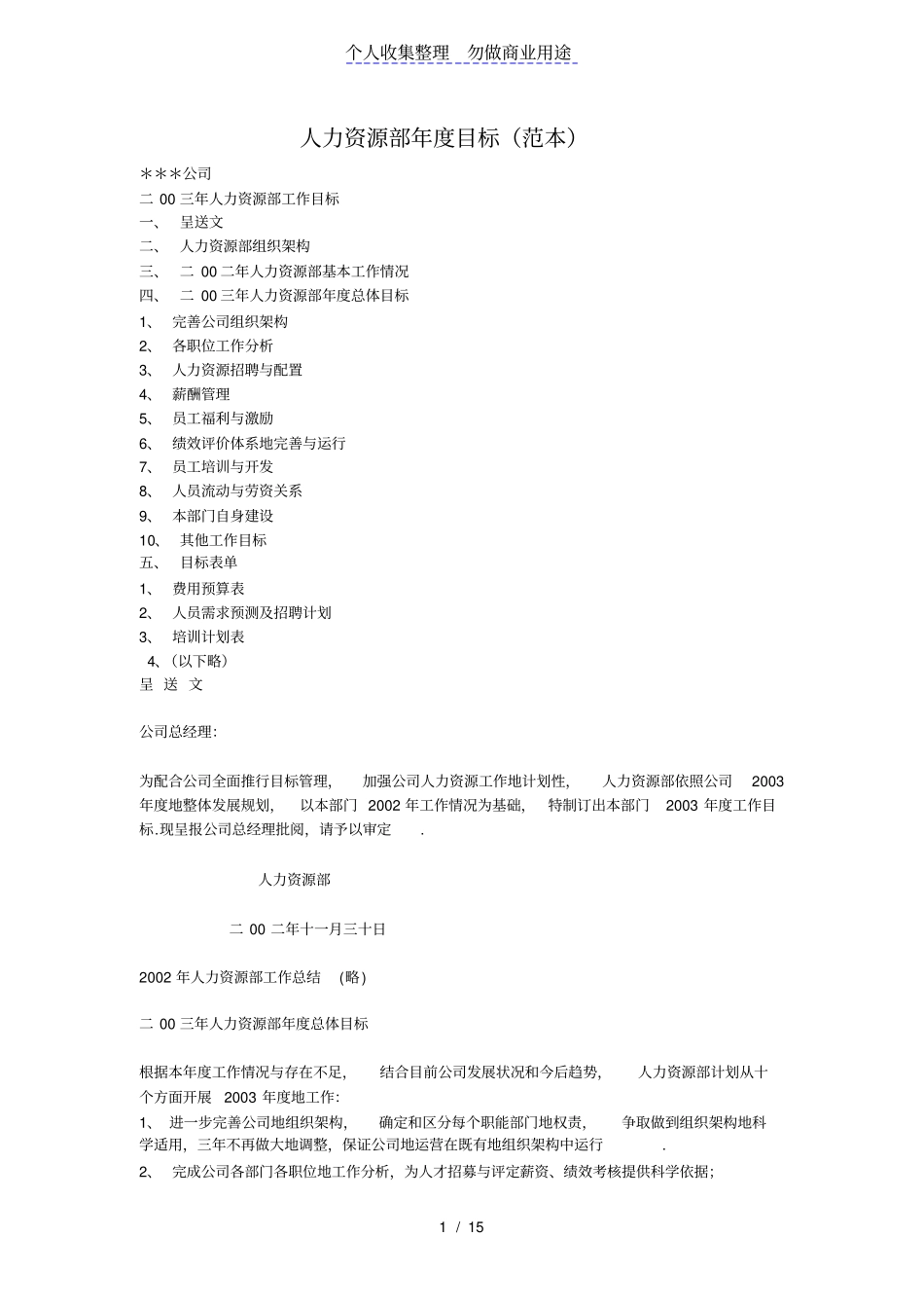 人力资源部度目标范本_第1页