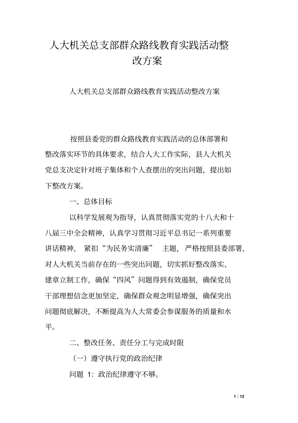 人大机关总支部群众路线教育实践活动整改方案_第1页