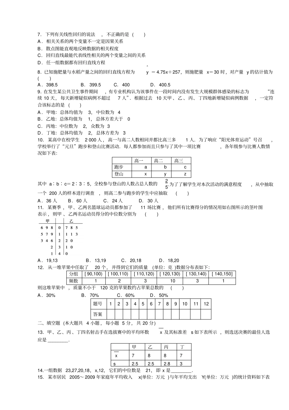 人教A版高中数学必修三试卷统计A_第2页