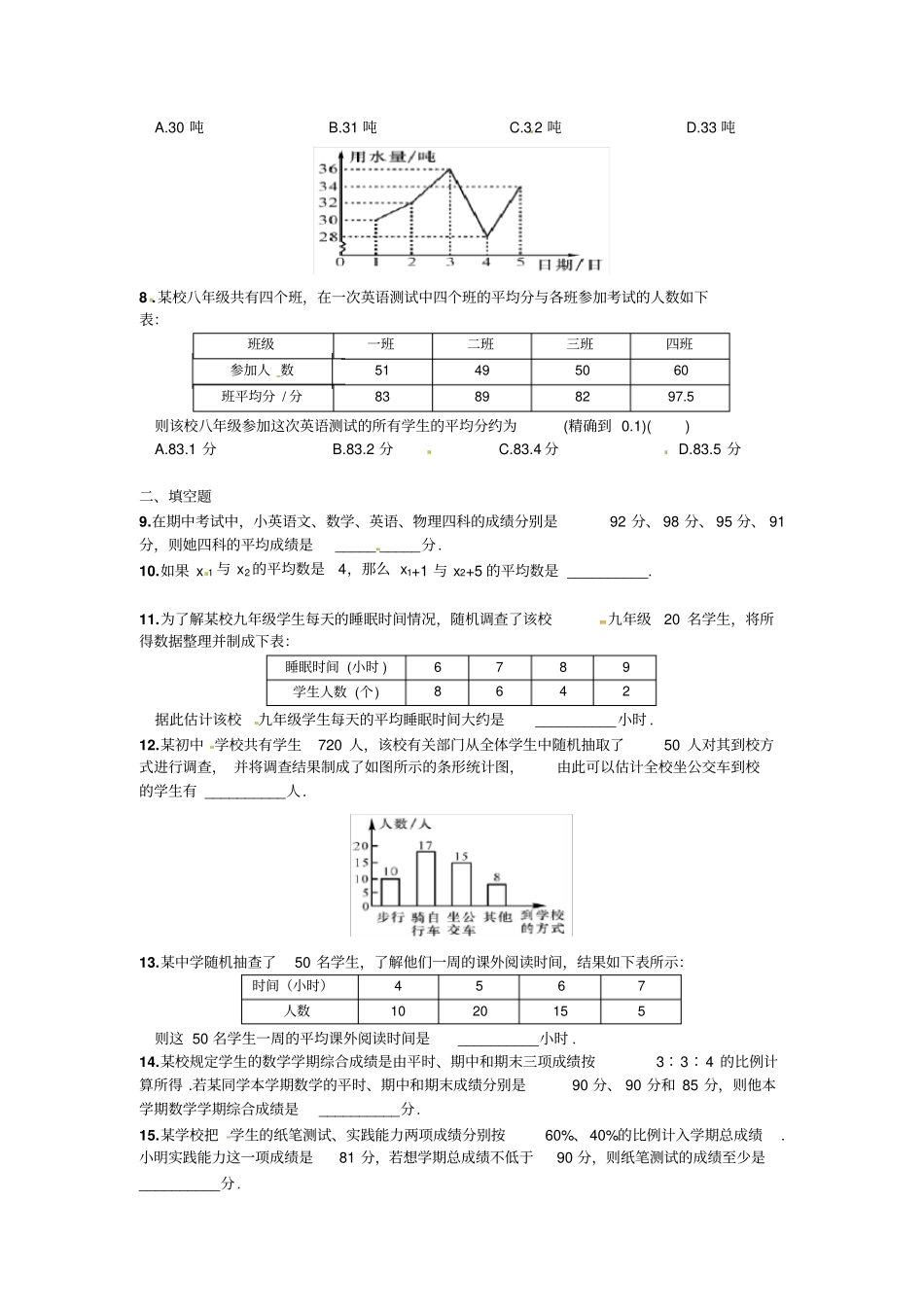 人教八年级数学下册201平均数同步练习题_第2页