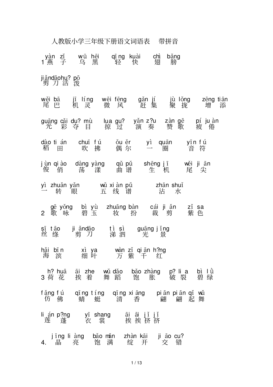 人教小三级下册语文词语表带拼音_第1页