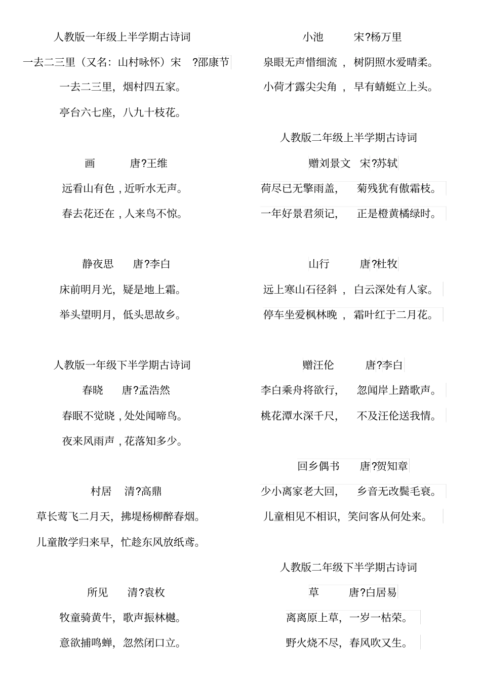 人教新版小学课内必背古诗词_第1页