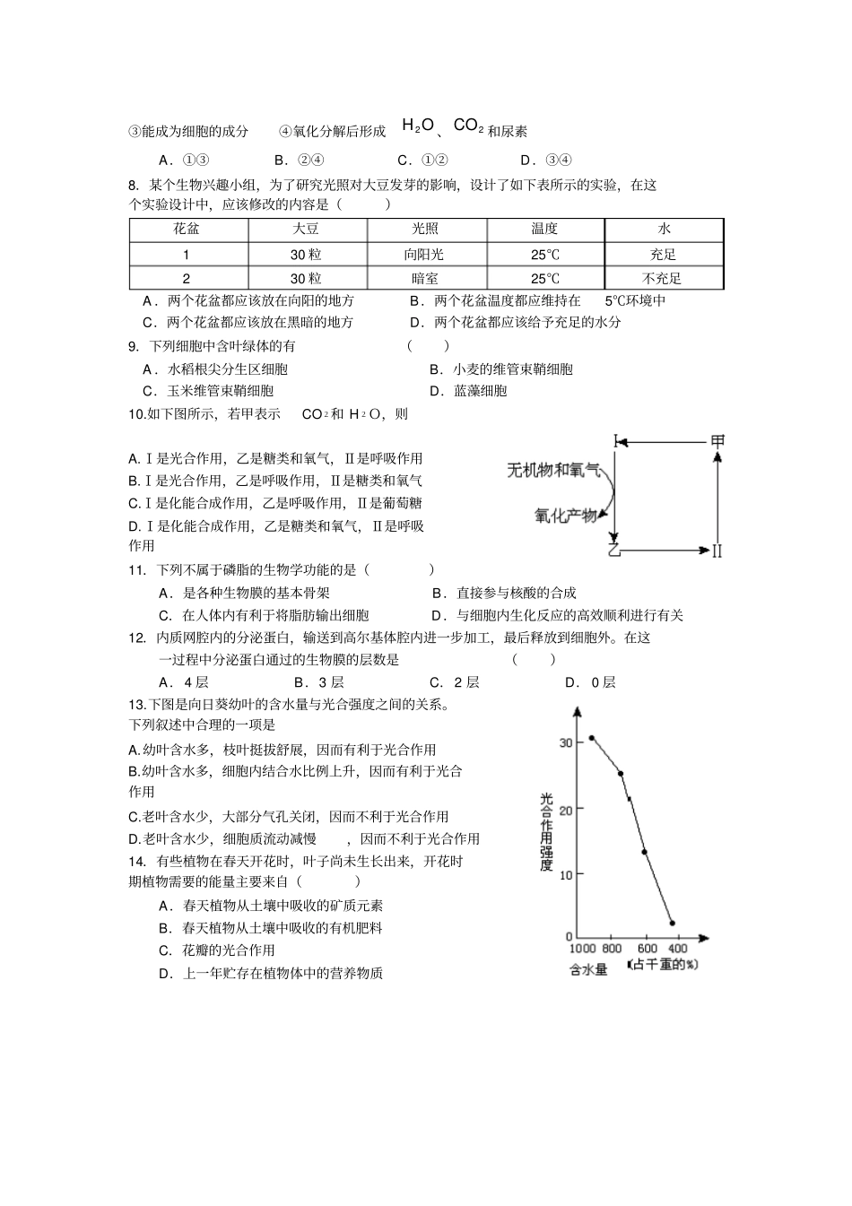 人教新课标高中生物必修三新陈代谢强化训练一_第2页