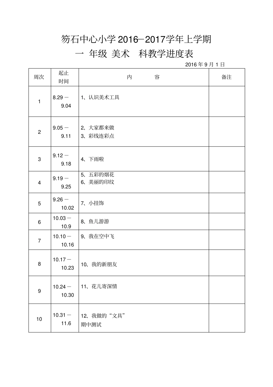 人教版2012017学年上美术进度表汇总_第1页