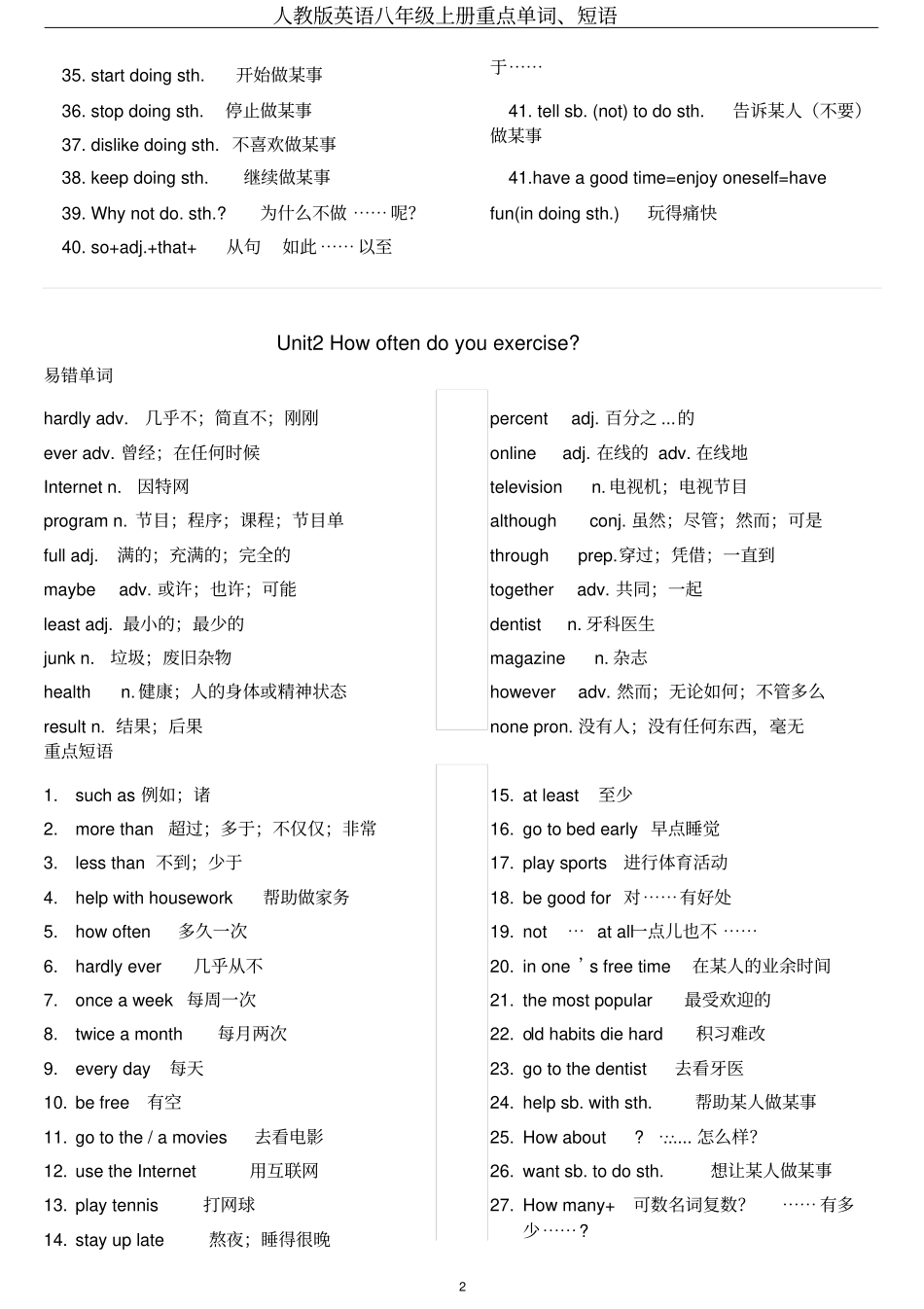 人教版2016八上英语重点单词短语汇总_第2页