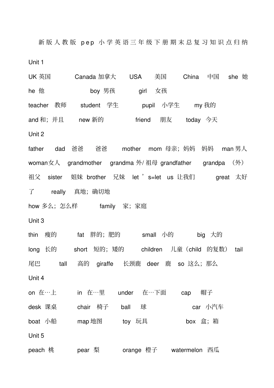 人教版pep小学英语三年级下册期末总复习知识点归纳_第1页