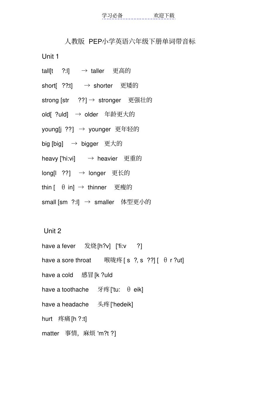 人教版PEP小学英语六年下册英语单词带音标_第1页