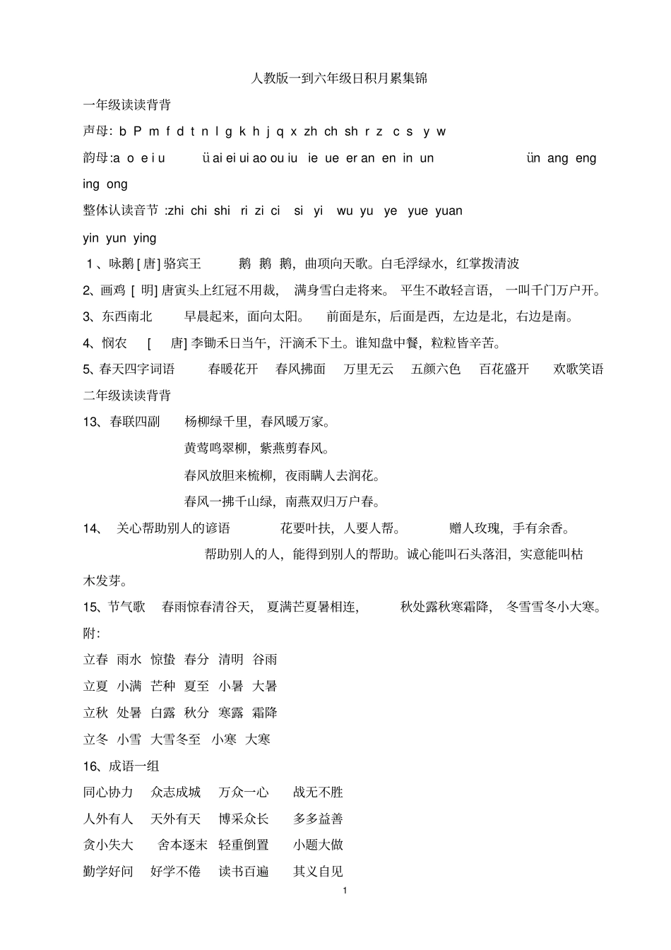 人教版一到六年级日积月累集锦最新版汇总_第1页