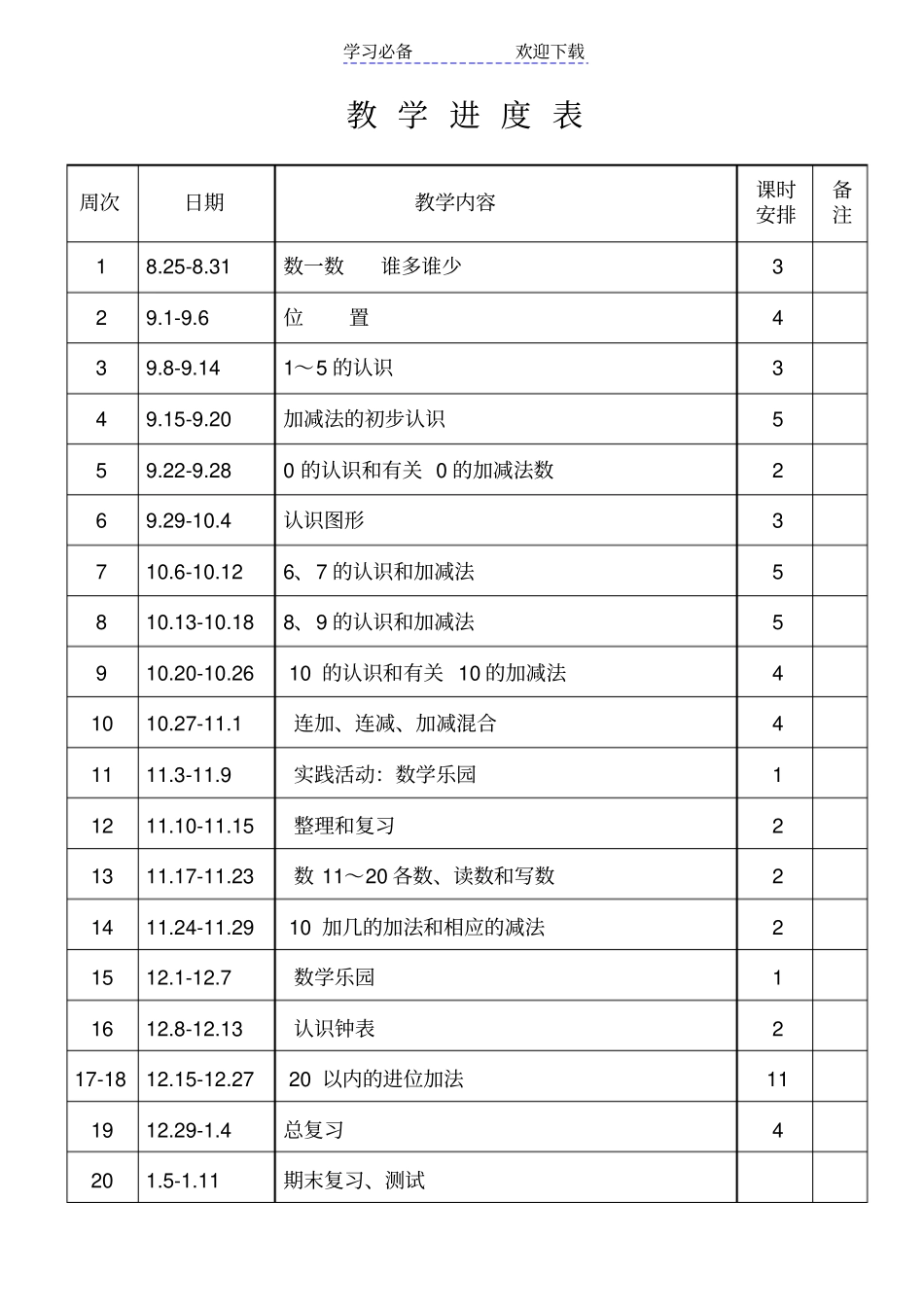 人教版一年级上册册数学教学计划表格式_第2页