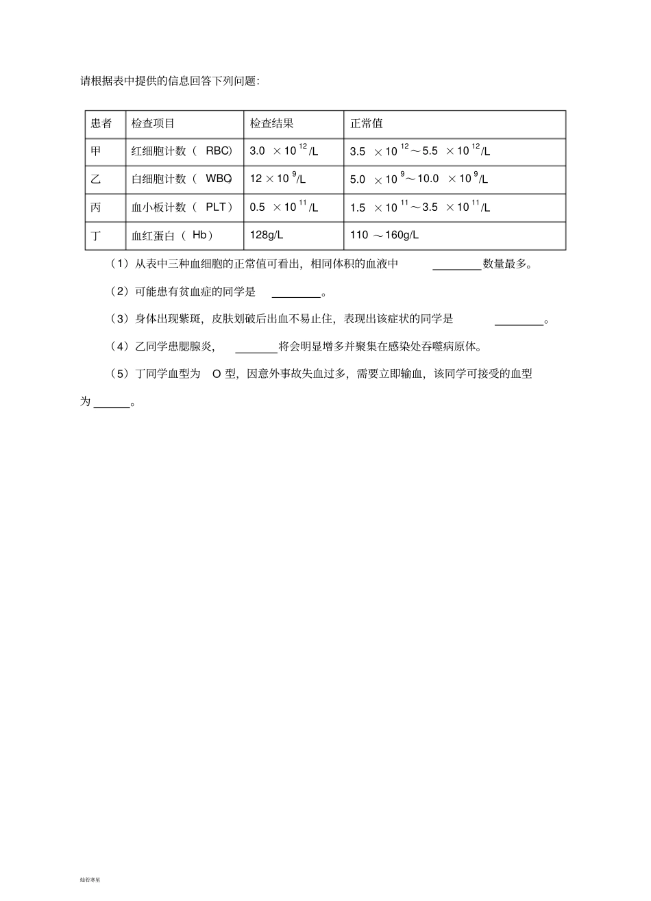 人教版七下生物流动的组织——血液练习_第3页