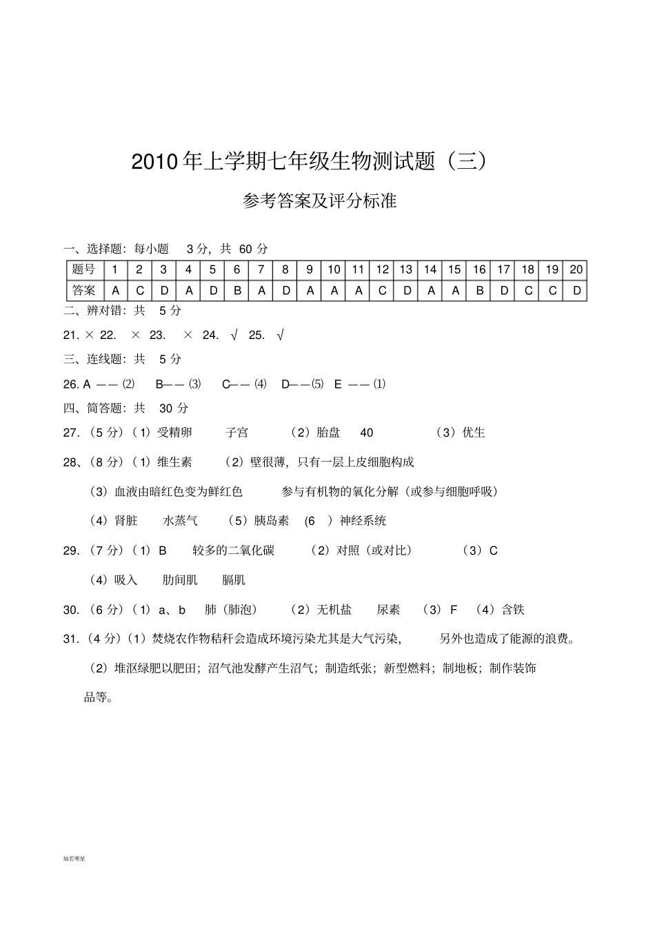 人教版七下生物测试题答案_第3页