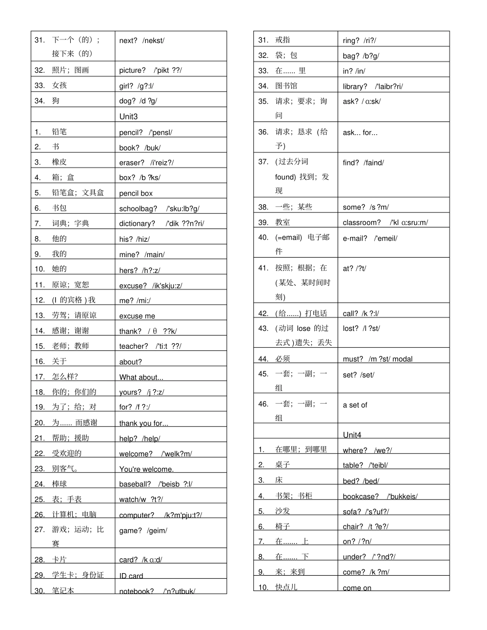人教版七年级上册英语单词表_第3页