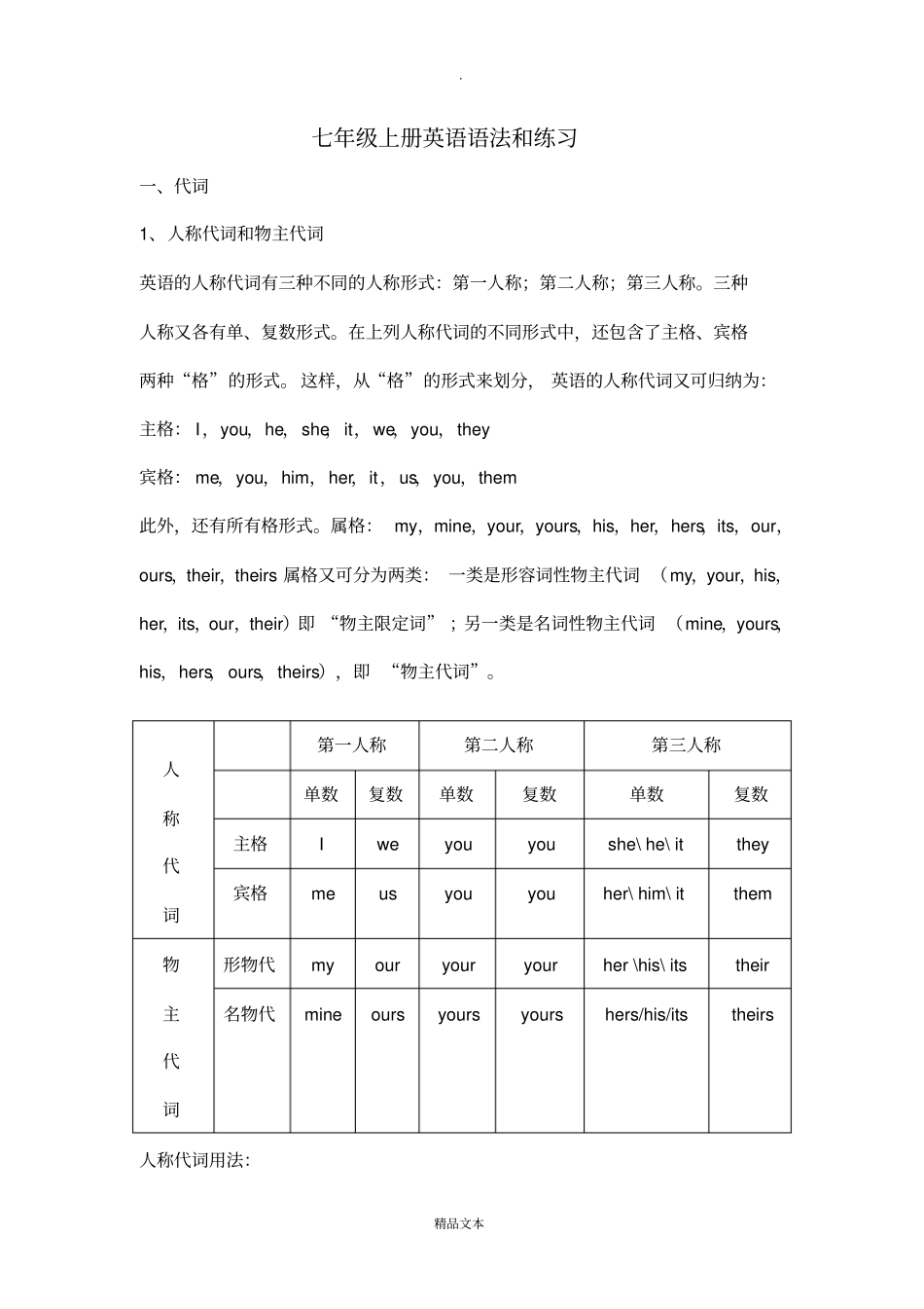 人教版七年级上册英语语法和练习_第1页