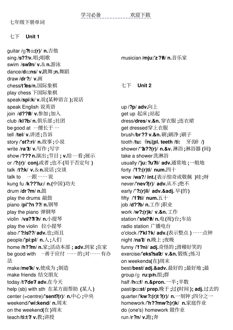 人教版七年级下册英语单词带音标_第1页