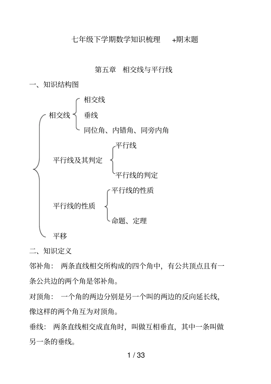 人教版七年级下学期数学知识框架期末测试题_第1页