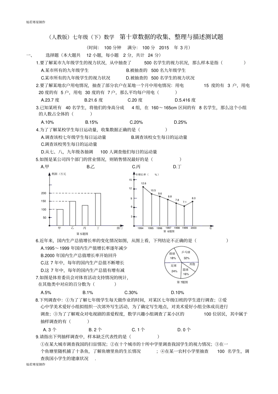 人教版七年级下数学数据的收集、整理与描述测试题_第1页