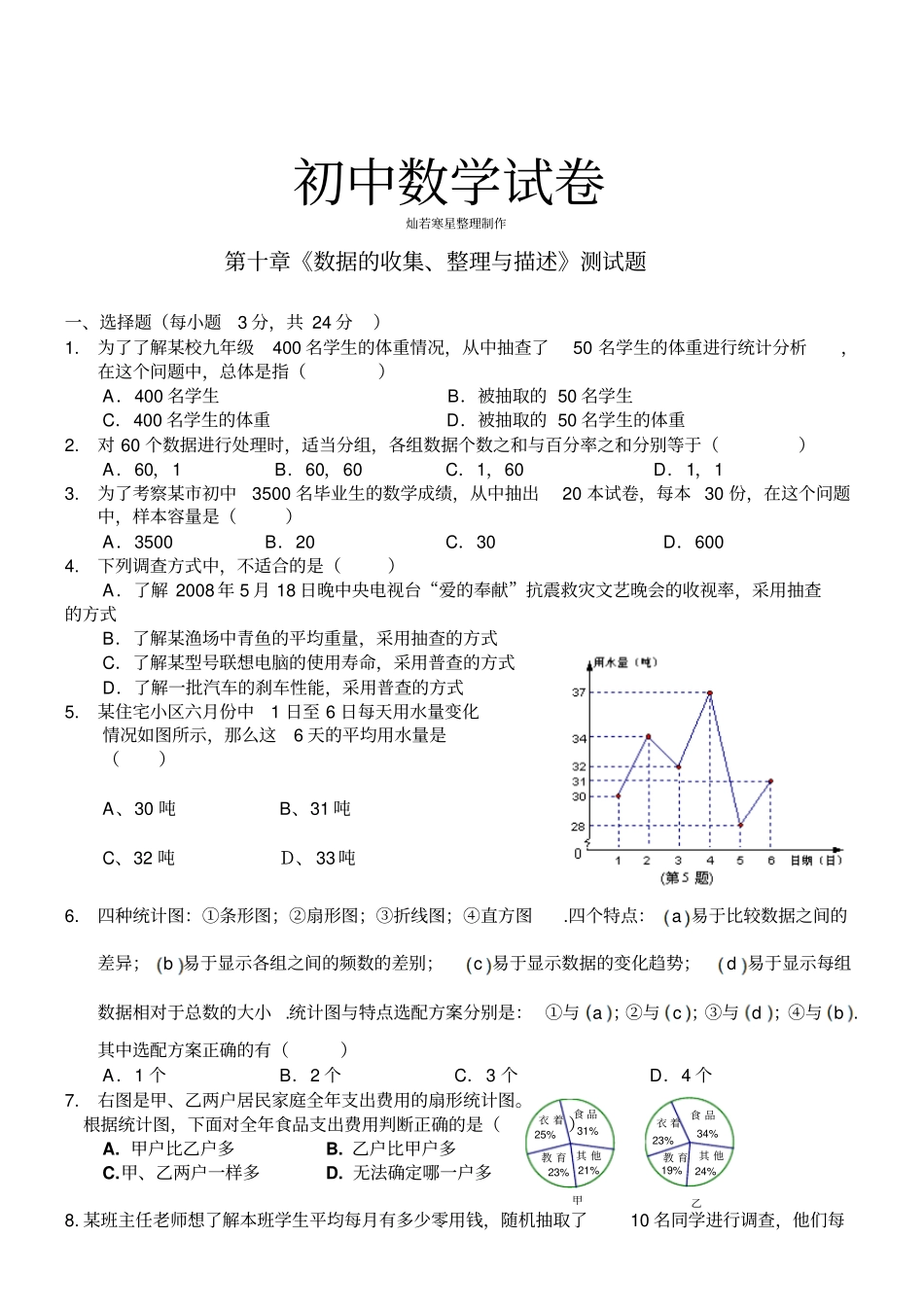 人教版七年级数学下数据的收集、整理与描述测试题_第1页