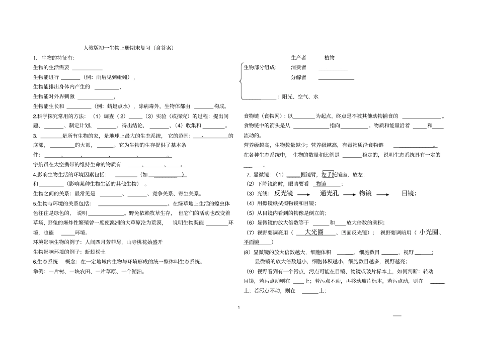人教版七年级生物上册复习提纲填空型汇总_第1页