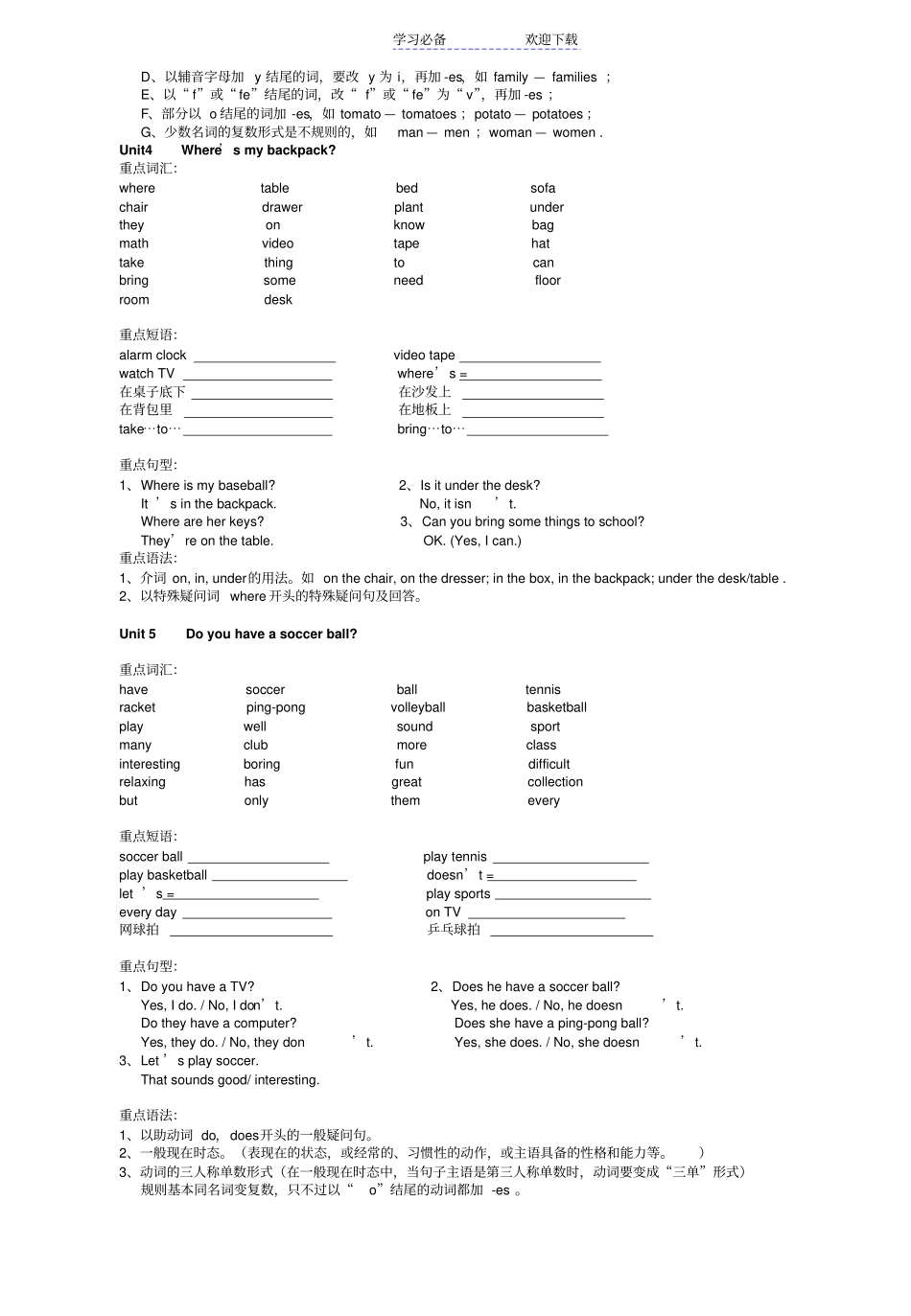 人教版七年级英语上册复习资料_第3页