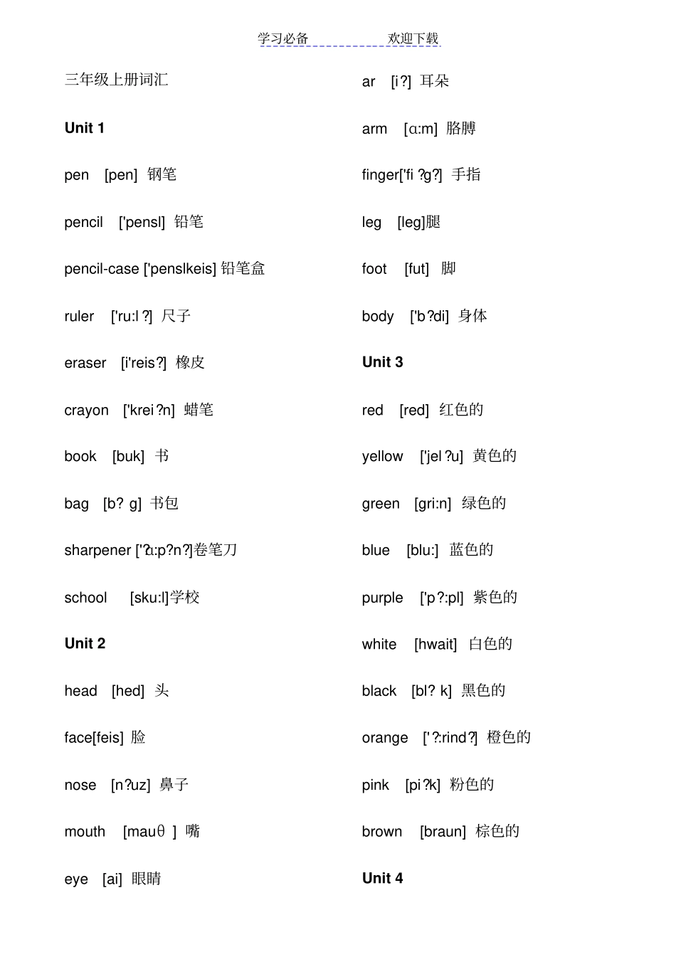 人教版三年级上册英语单词词汇带音标_第1页