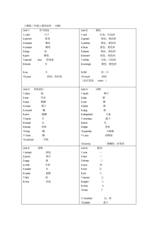 人教版三年级上册英语单词及词组