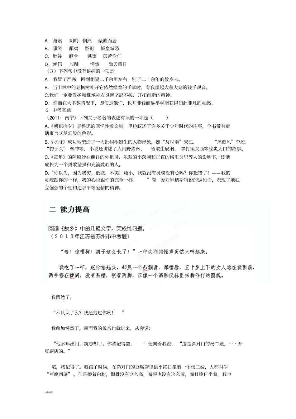 人教版九年级上册语文9故乡习题精选新_第2页