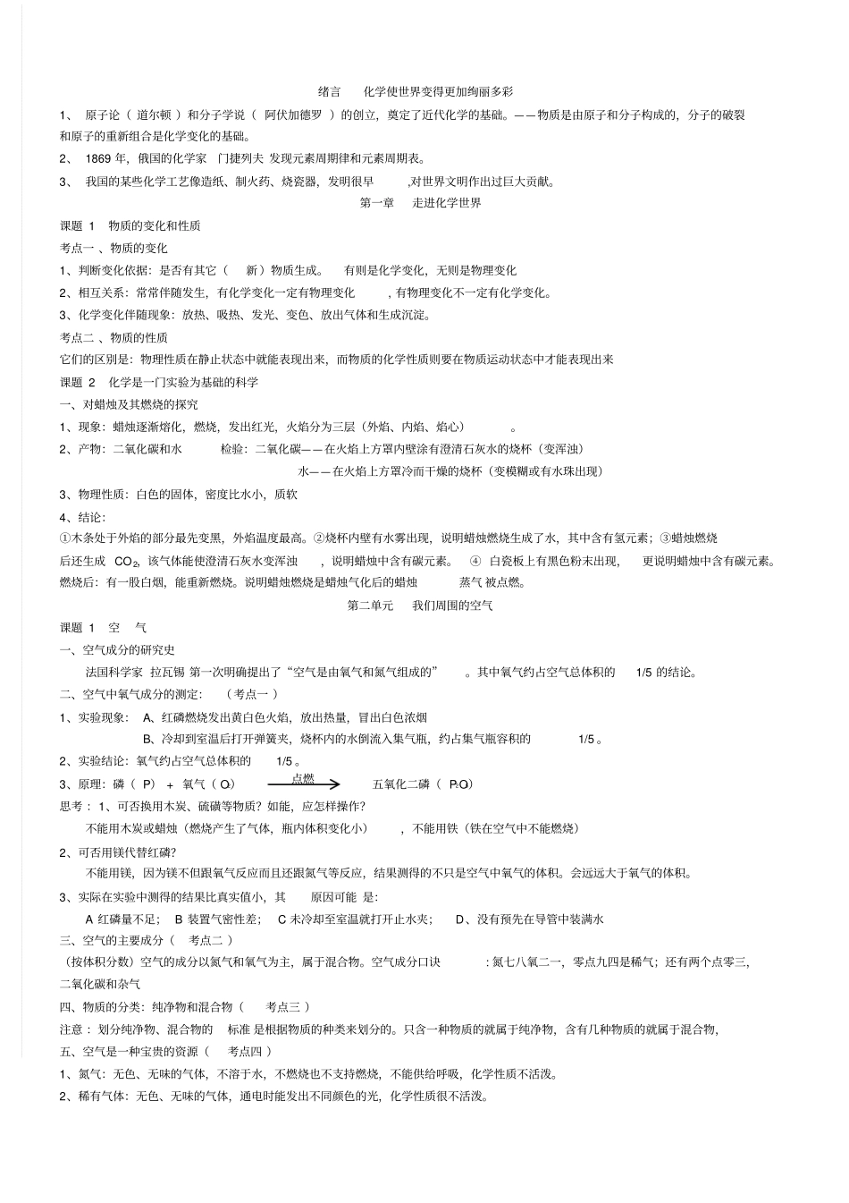 人教版九年级初三化学知识点总结第一二章_第1页