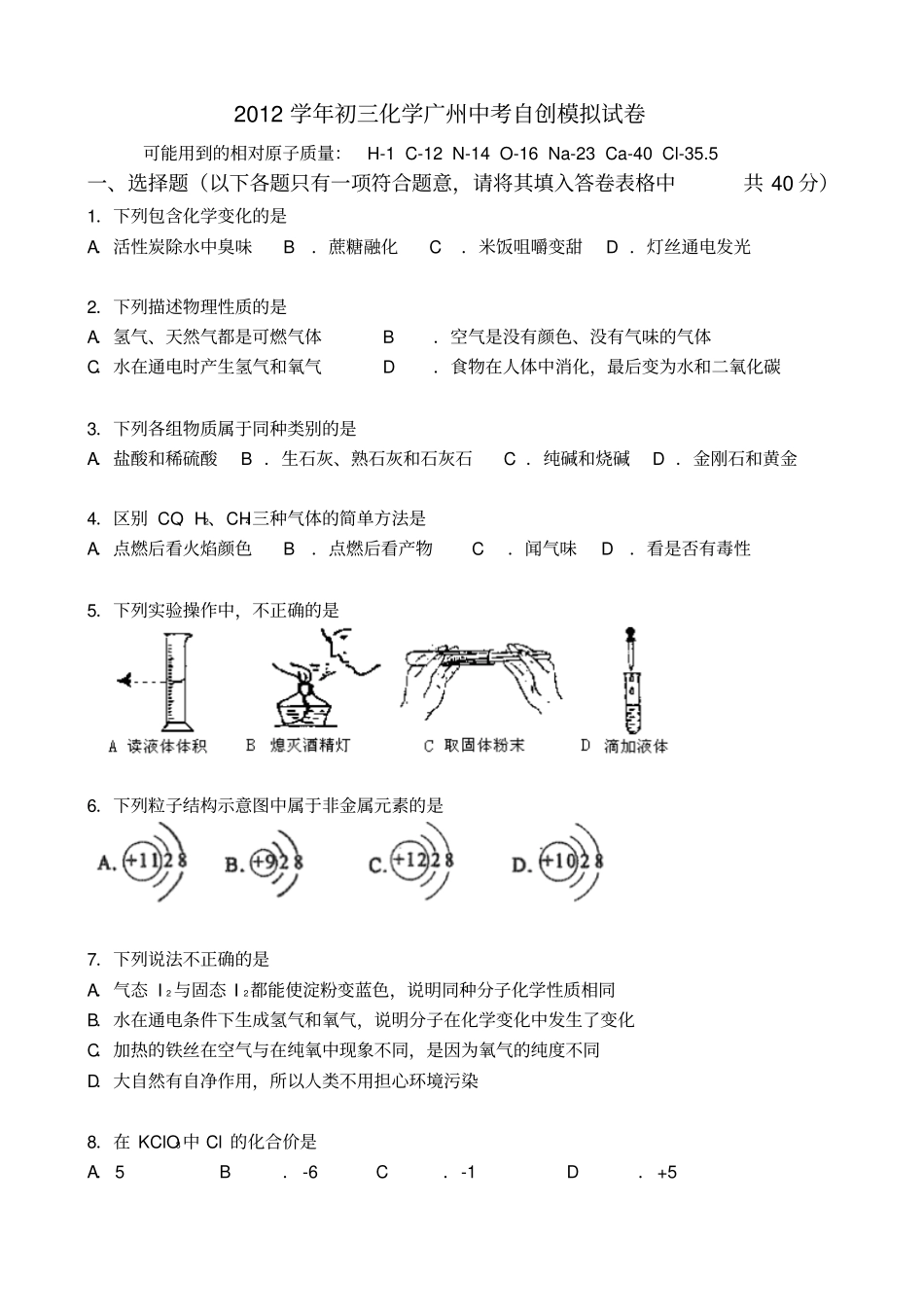 人教版九年级化学下册初三广州中考自创模拟试卷_第1页