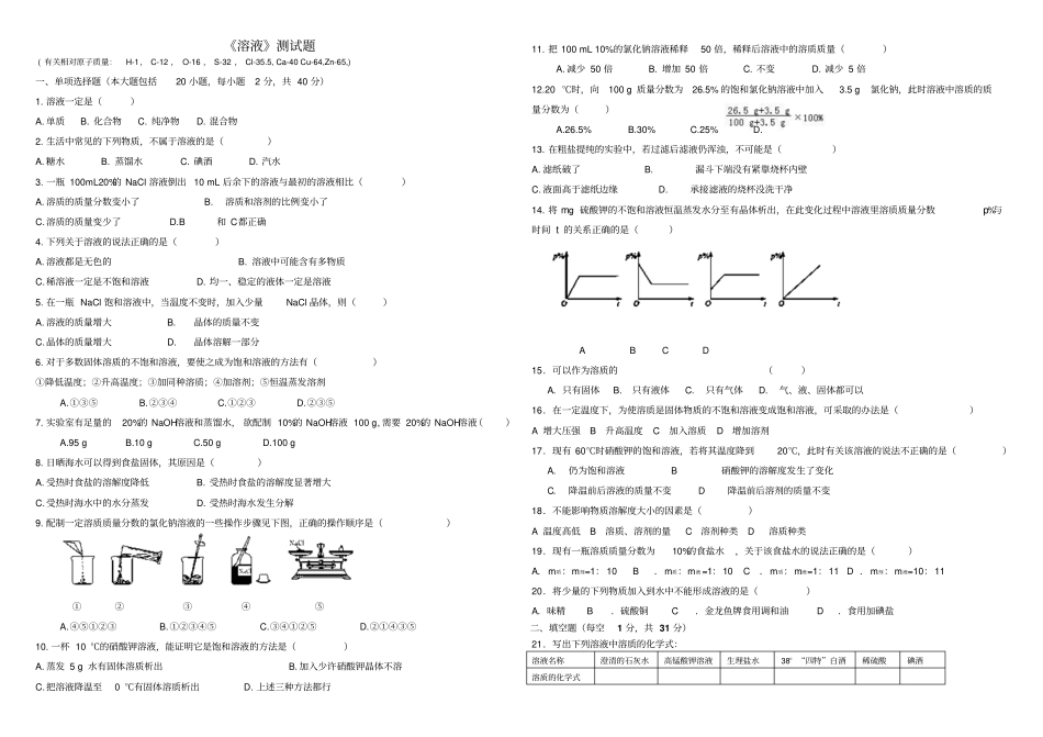 人教版九年级化学下册溶液测试题_第1页
