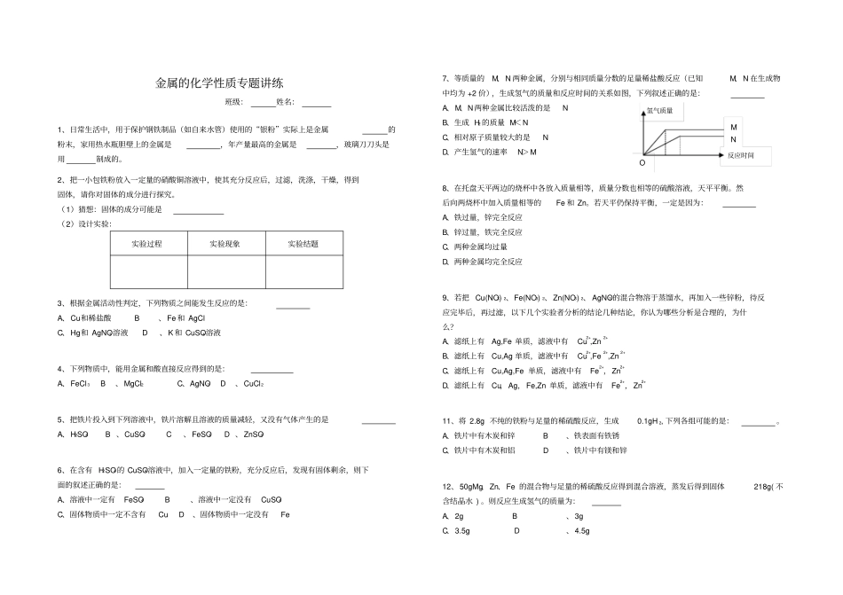 人教版九年级化学下册金属的性质专题讲练_第1页