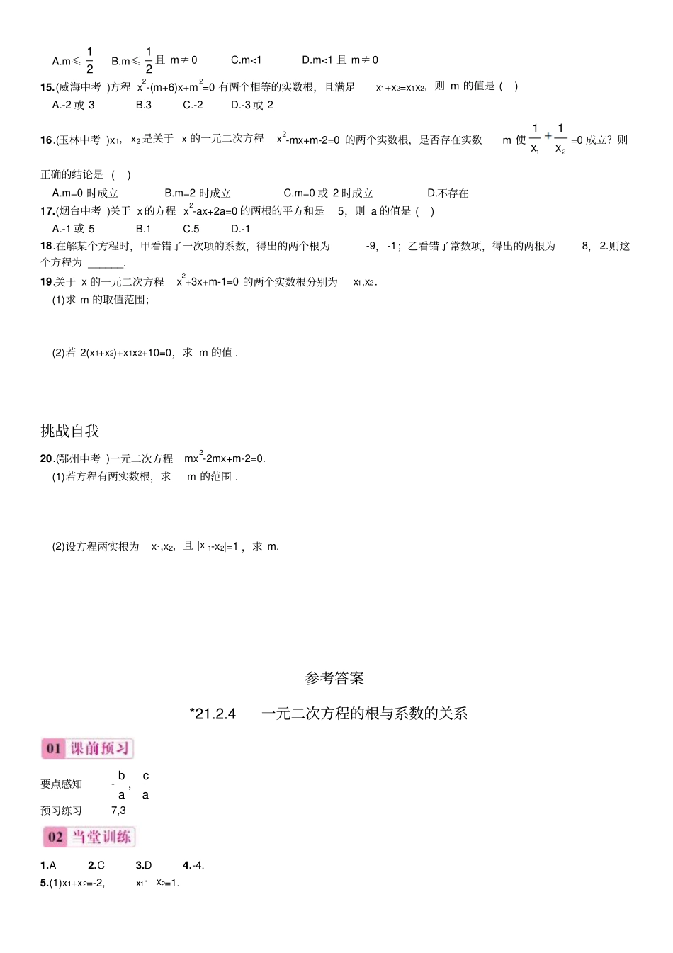人教版九年级数学上册24一元二次方程的根与系数的关系同步练习_第2页