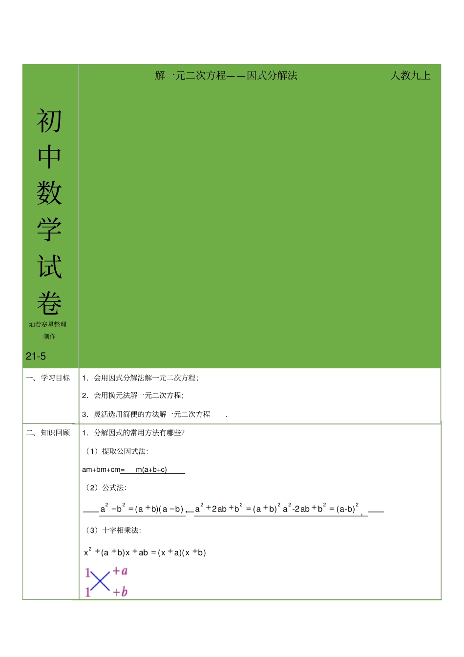 人教版九年级数学上册解一元二次方程——因式分解法教师版_第1页