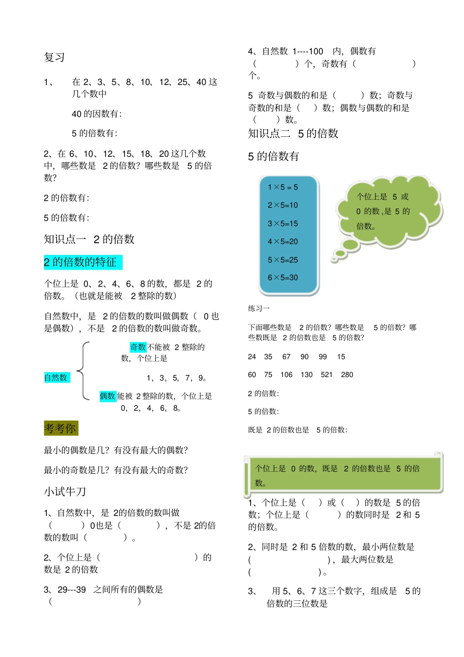 人教版五年级下册因数与倍数知识点及练习题_第1页