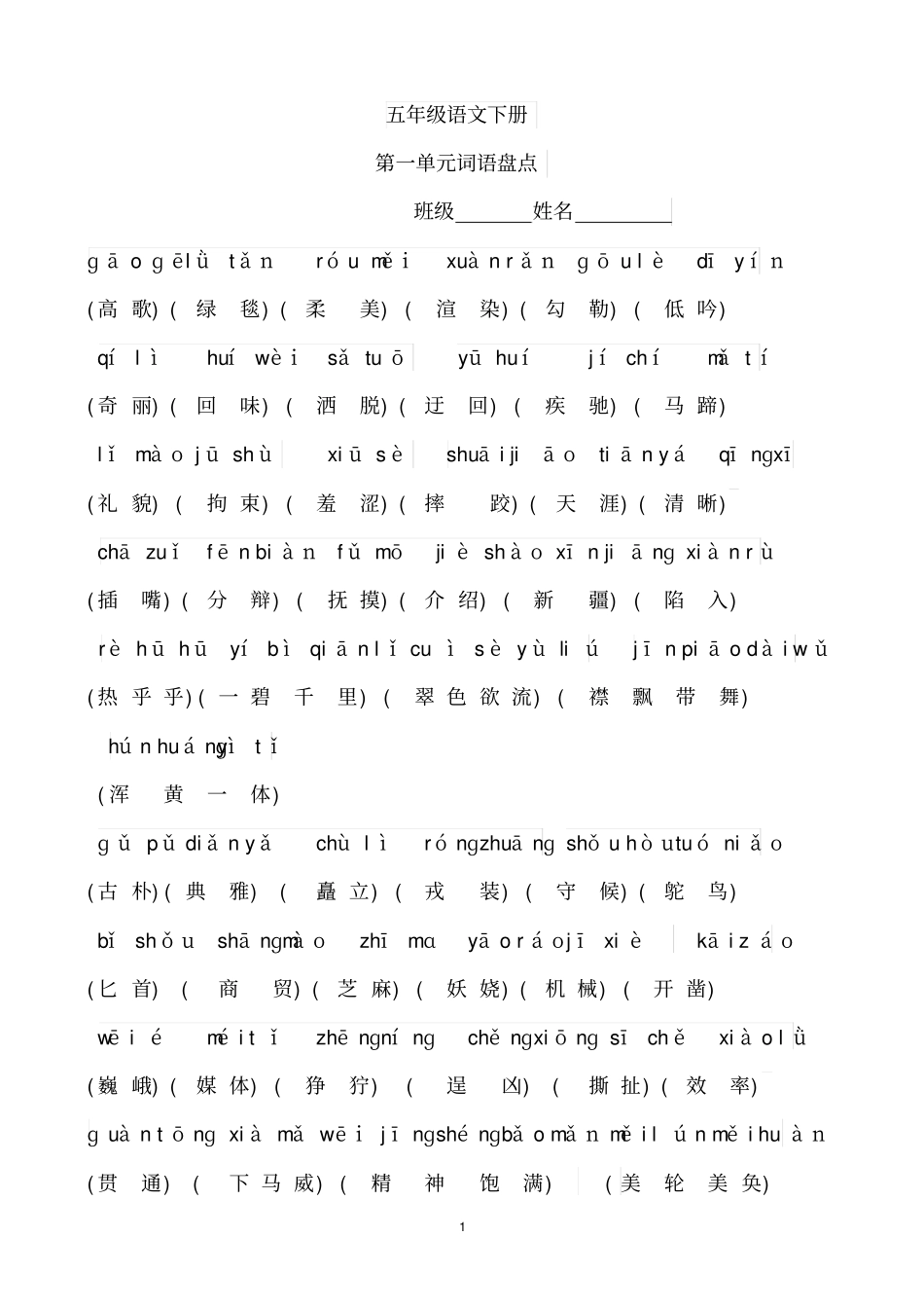 人教版五年级下册词语盘点及拼音讲解_第1页