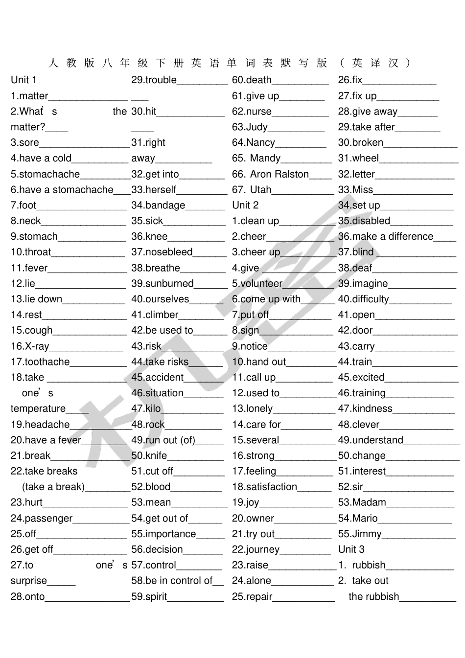 人教版八年级下册英语单词表默写版英译汉_第1页
