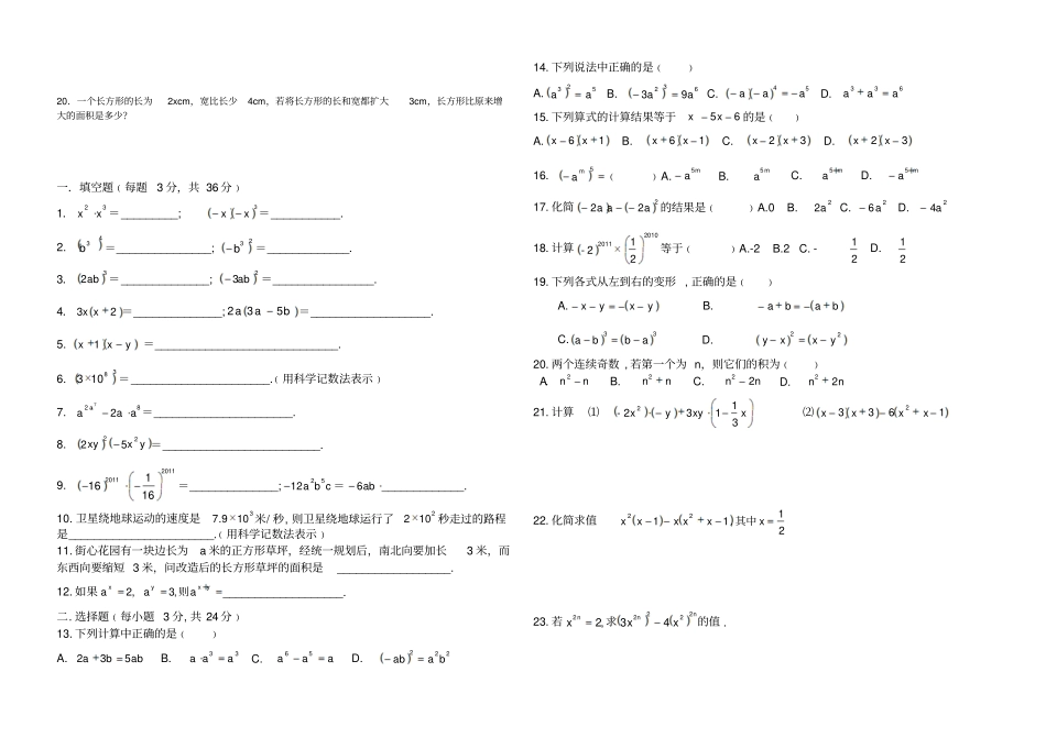 人教版八年级数学上整式的乘法水平测试题_第2页