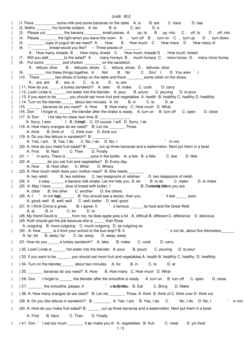 人教版八年级英语上册Unit8练习题_第1页