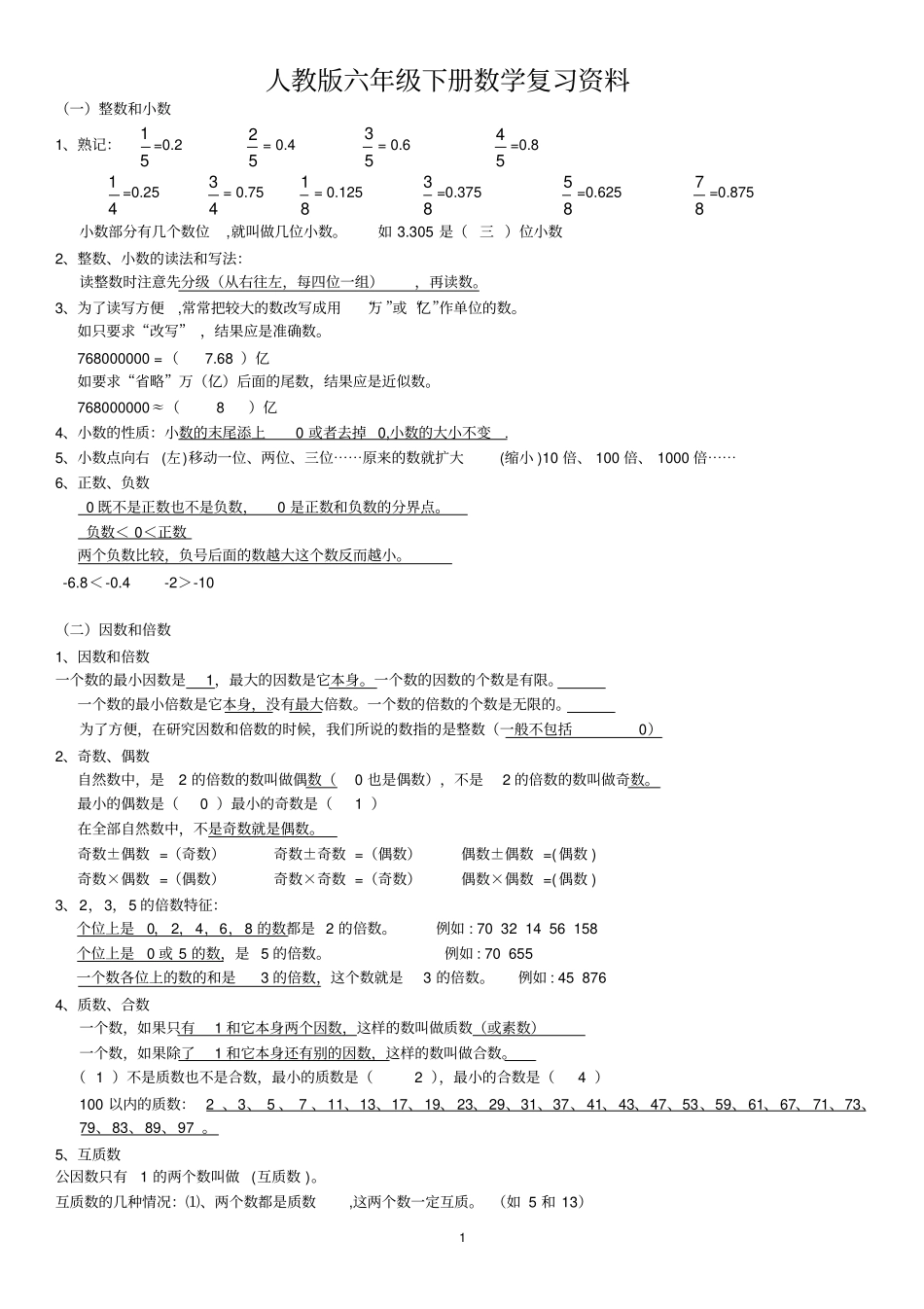 人教版六年级数学下册复习资料精华版_第1页