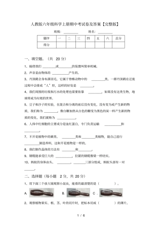 人教版六年级科学上册期中考试卷及答案【】